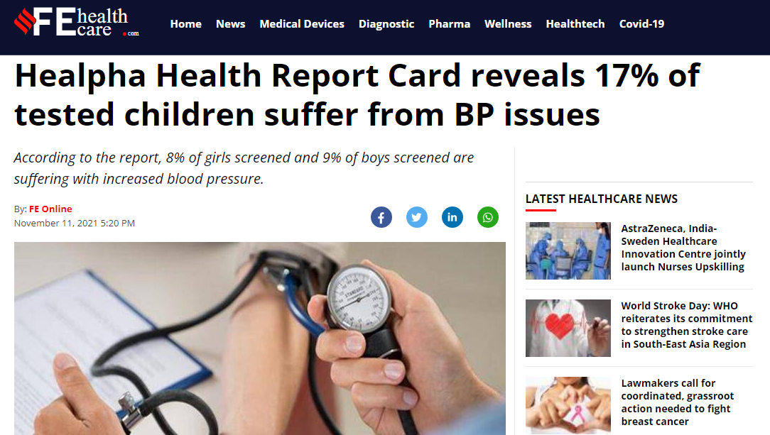 Healpha Health Report Card Reveals 11% of children suffer from BP